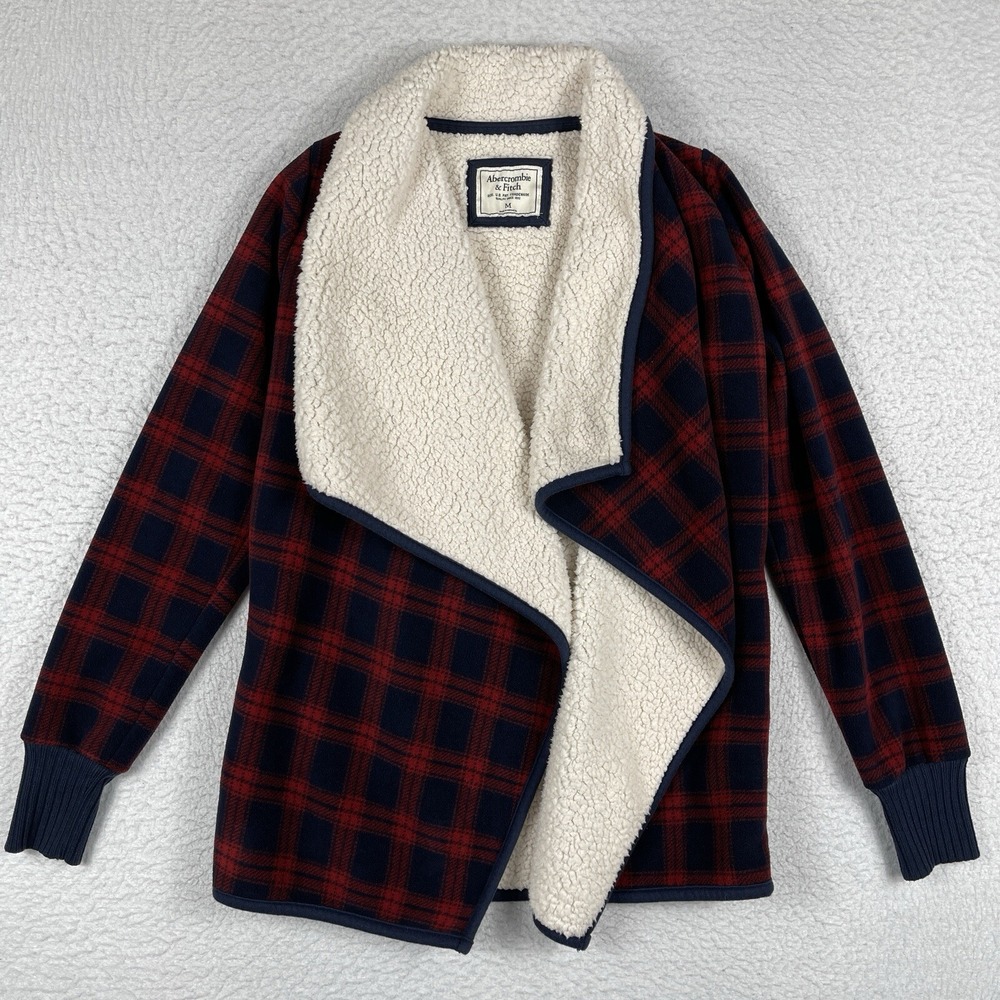 Abercrombie & Fitch Cardigan Jacket Womens Medium Red Plaid Sherpa Open Front